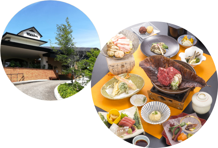 関観光ホテル外観と豪華な食事 写真